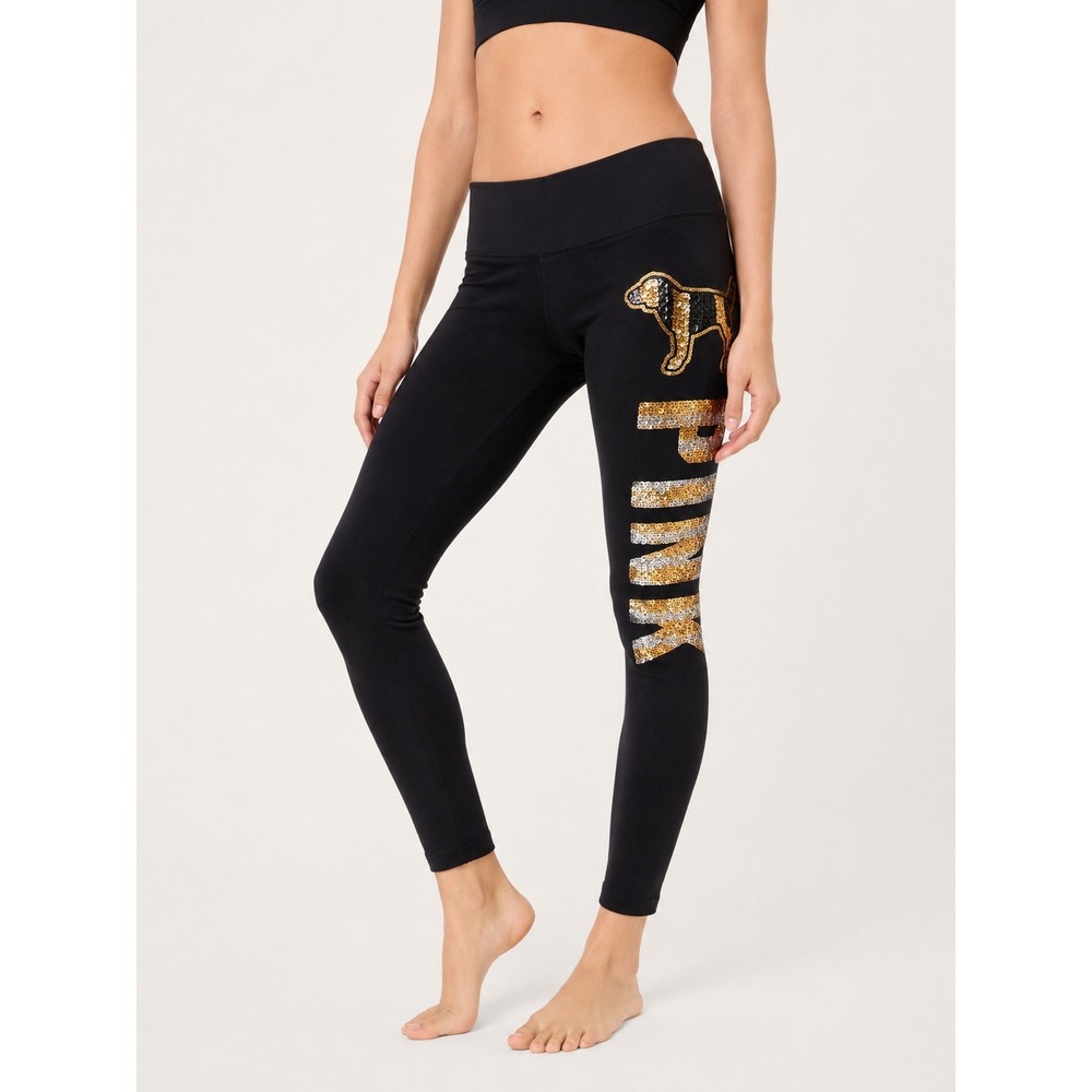 Victoria's Secret PINK Y2K Bling Black Gold Silver Sequin Logo Leggings S 2000s